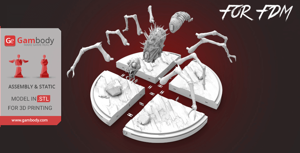 A multi-legged, spiky creature model split into parts for 3D printing, displayed on a circular base.