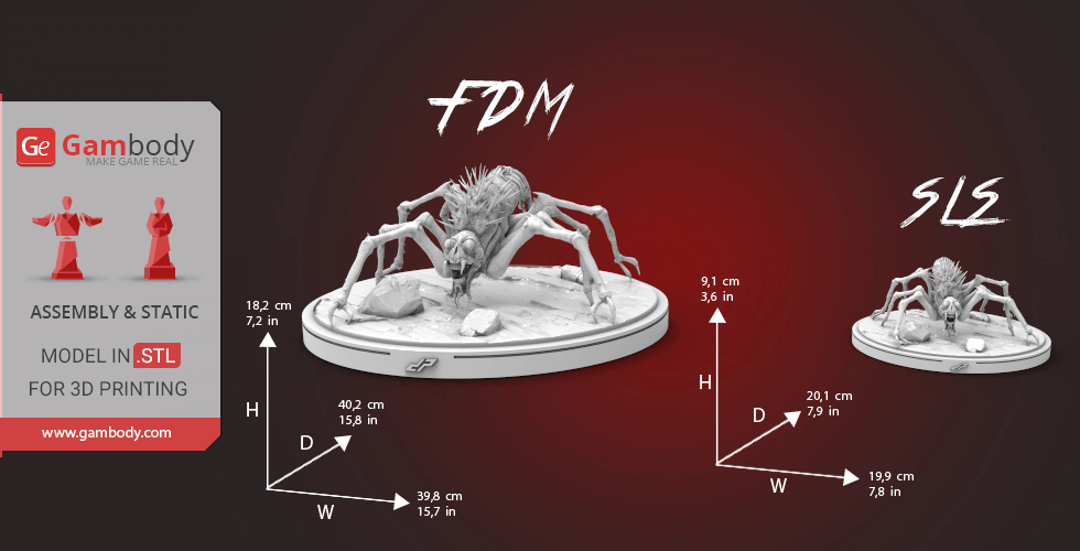 A spider-like creature model with multiple legs on a circular base, shown for 3D printing in two sizes.