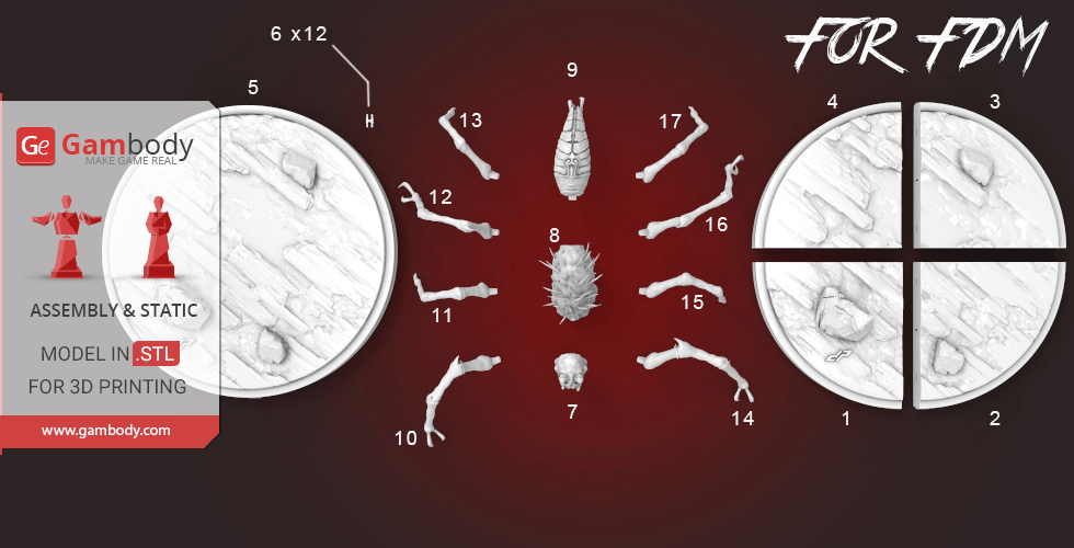 Image of a multi-part 3D model kit labeled 'Gray Widower' for 3D printing, showing various components.