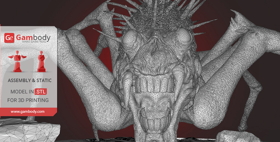 A detailed 3D model of a spiky, alien-like creature with multiple limbs and an open mouth, ready for 3D printing.