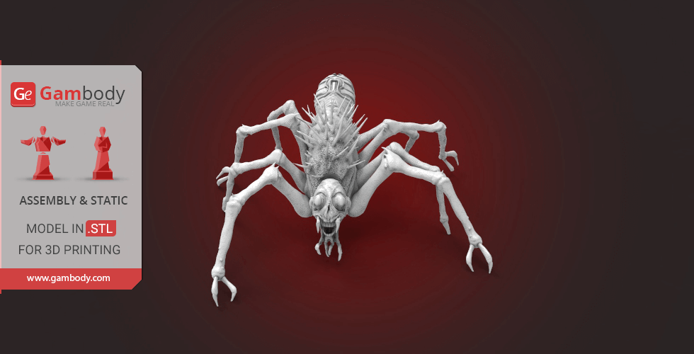 3D model of a spider-like creature with sharp limbs and a textured back, shown in white on a dark background.