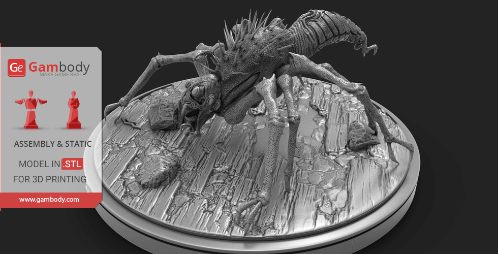 A detailed 3D model of a spiked insect-like creature on a textured base for 3D printing.