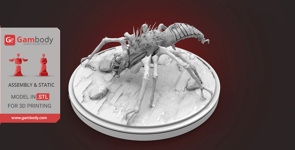 A detailed 3D model of a spiky arachnid on a textured base for printing.