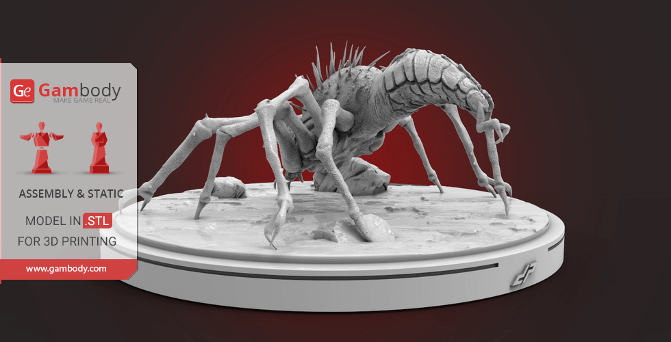 A 3D model of a spiky, multi-legged alien creature on a round base, designed for 3D printing.