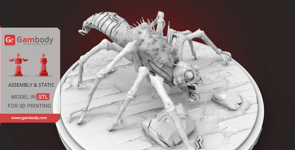A detailed 3D model of a sci-fi insect creature on a base, designed for 3D printing.