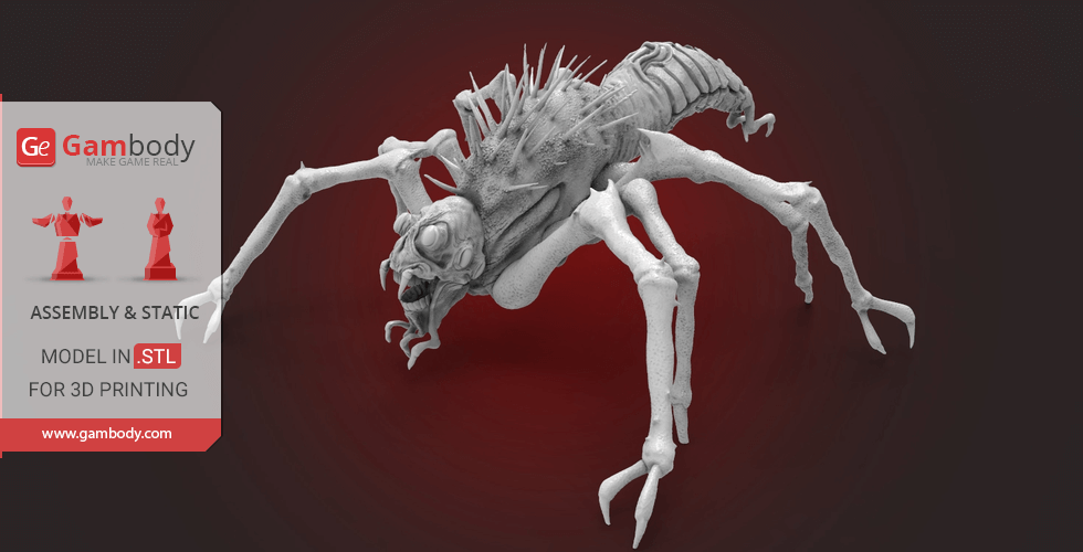 Detailed 3D model of a spiky, alien-like arachnid creature for 3D printing.