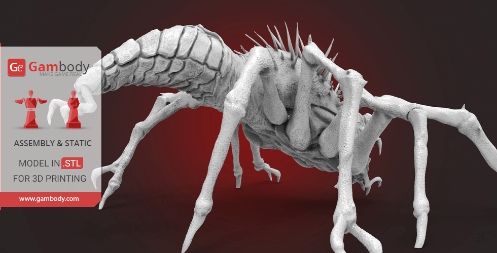 A detailed 3D model of a spiky, insect-like creature with multiple legs, intended for 3D printing.