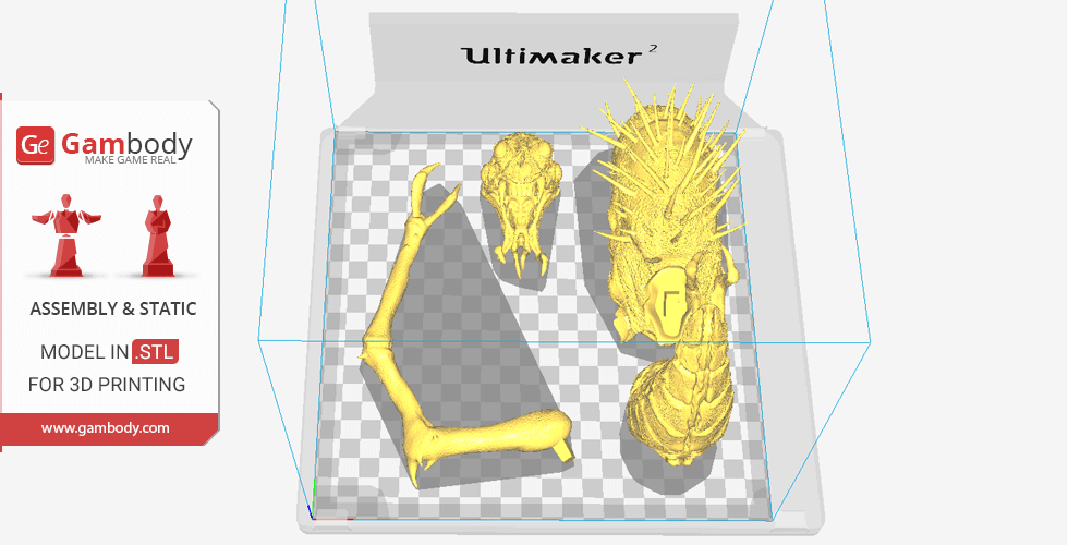 3D model parts of a creature with spikes, limbs, and a skull in a 3D printing layout.