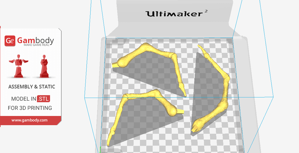 Three yellow, angular shapes arranged on a 3D printer platform, ready for printing.