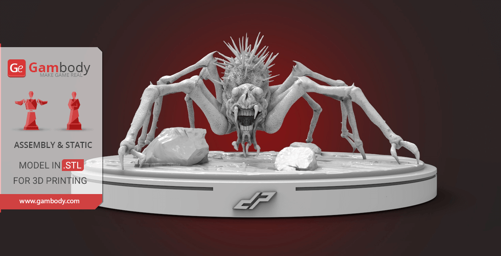 A detailed 3D model of a monstrous spider with spiky back on a round base for printing.