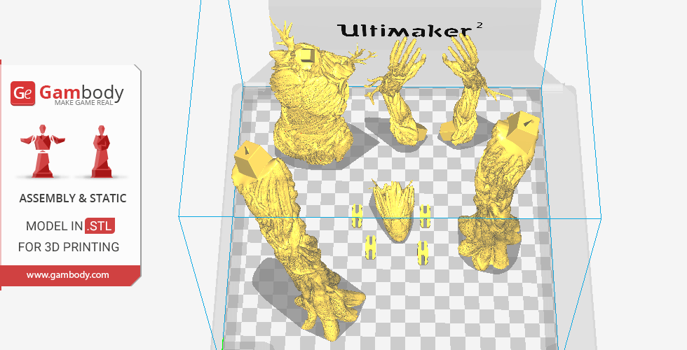 3D printing layout of Groot model, featuring separate body parts for assembly.