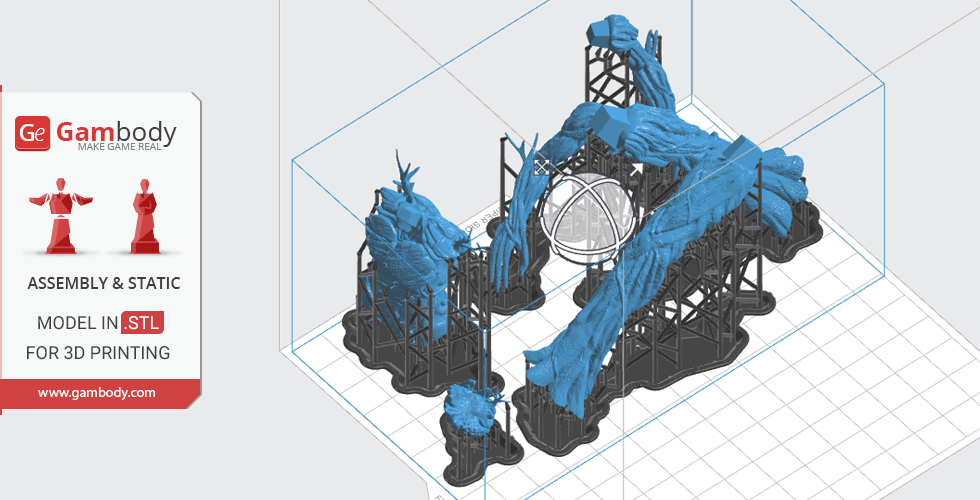 3D model of Adult Groot in .STL format, displayed with supports for 3D printing.
