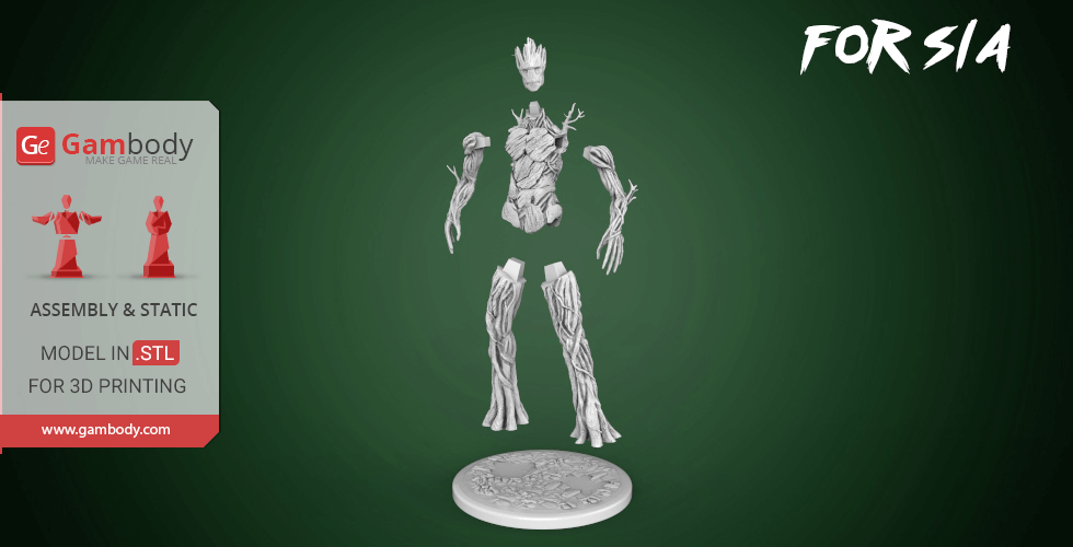A disassembled 3D model of a tree-like humanoid character for printing, shown with base and STL format labeling.