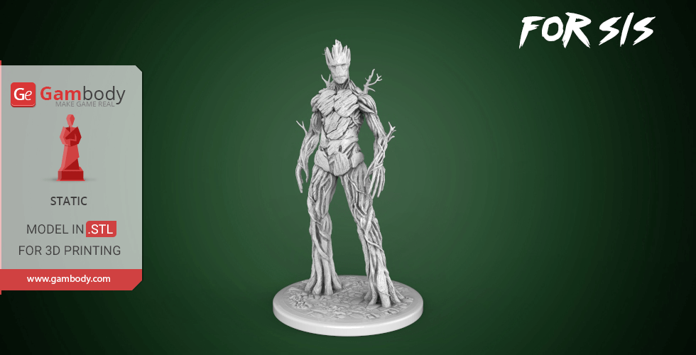 A detailed 3D model of adult Groot from Marvel, posed standing on a circular base.