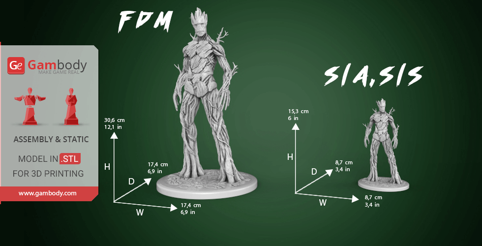 3D model of Adult Groot, detailed for printing, with measurements shown for two sizes.