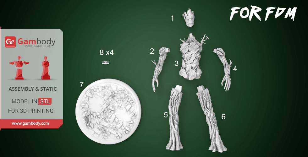 3D printable parts of Groot model, including head, torso, limbs, and base, labeled for assembly.