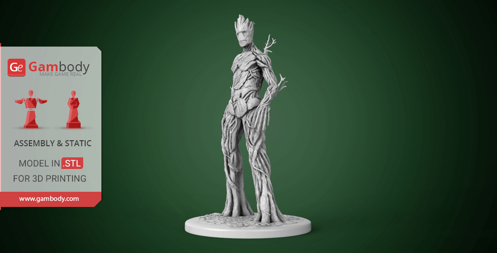 3D model of a humanoid tree figure standing, suitable for 3D printing.