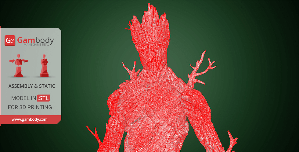 3D model of a tree-like humanoid character in red, prepared for 3D printing.
