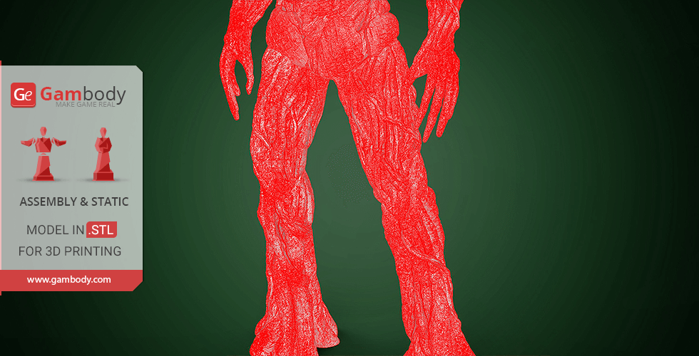Textured 3D model of Groot from Marvel, suitable for 3D printing, highlighted in red with a green background.