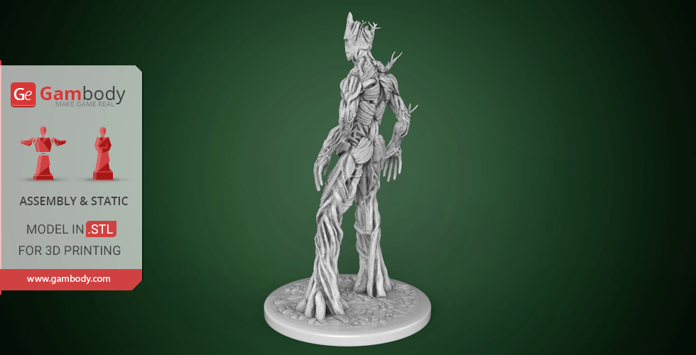 A 3D model of Groot from Marvel, standing on a circular base, ready for printing.