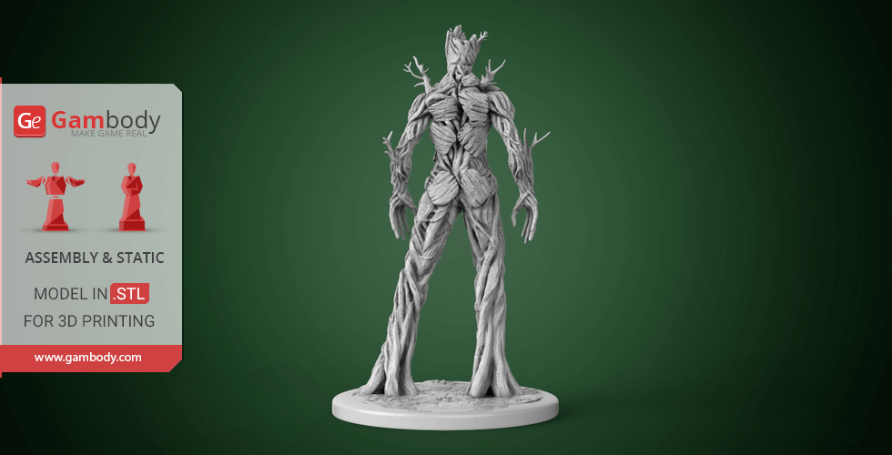 3D printed model of a tree-like humanoid figure standing on a round base.