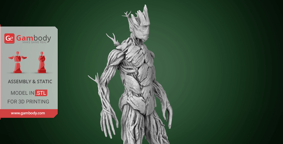 A gray 3D model of Adult Groot, featuring detailed bark-like textures, ready for 3D printing.