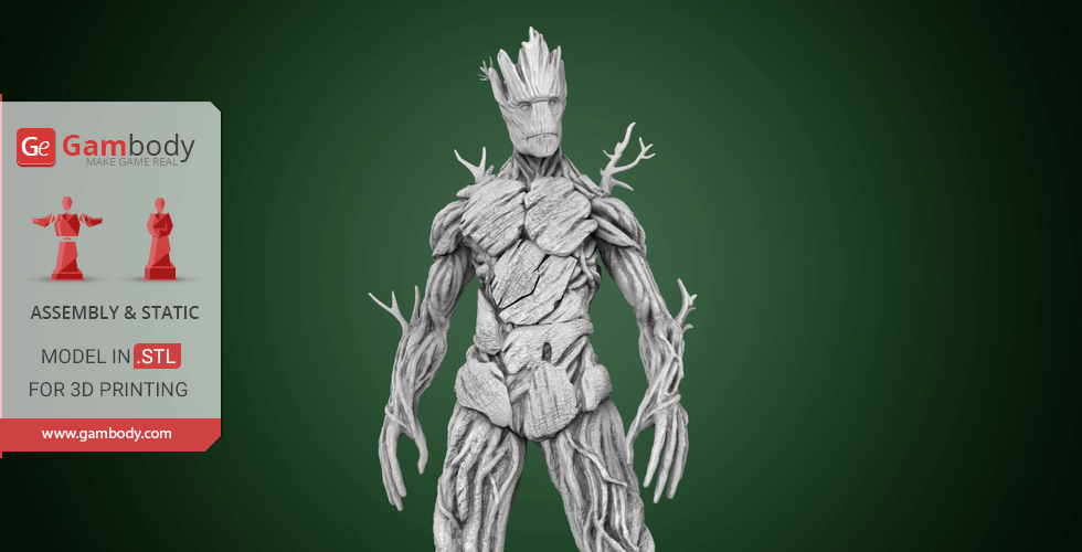 3D model of Adult Groot from Marvel, designed for 3D printing, showing wood texture details.