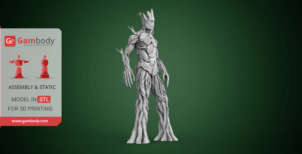 3D model of a tree-like humanoid figure with intricate bark details, designed for 3D printing.