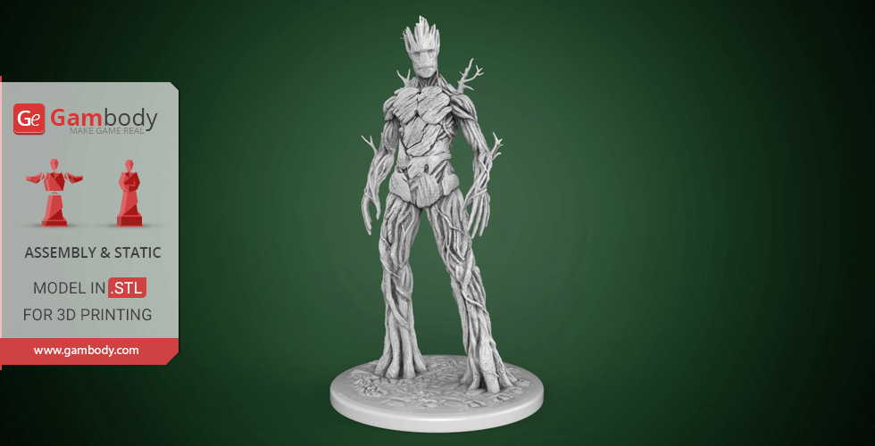 A 3D printed model of a humanoid tree figure standing on a circular base, with intricate bark details.