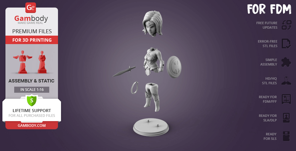 Chibi Wonder Woman 3D model in parts: head, torso, arms, legs, base, sword, and shield for printing.