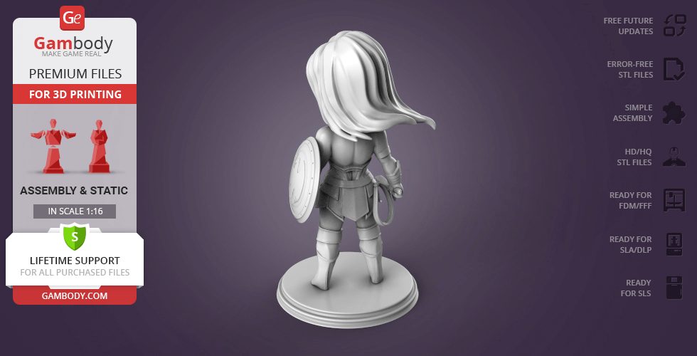 Chibi-style figure with flowing hair and shield, designed for 3D printing, standing on a round base.