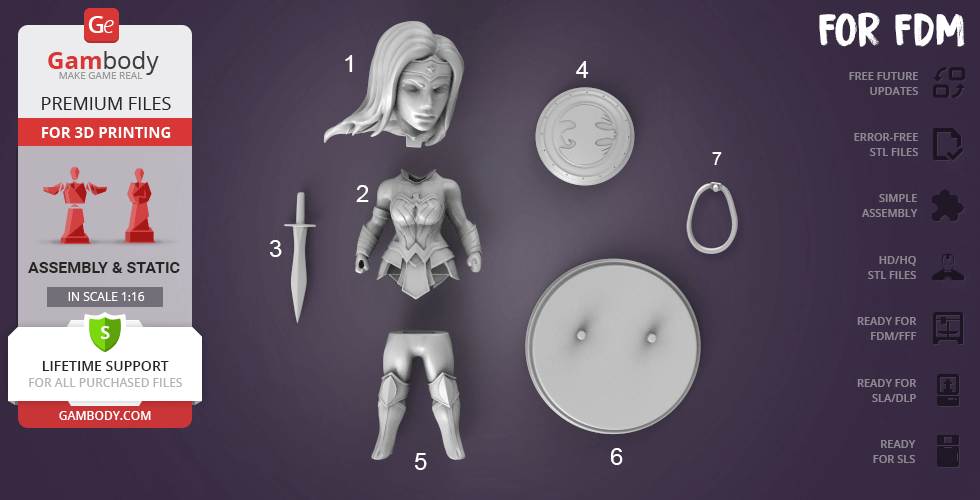 Chibi Wonder Woman 3D model parts, including head, body, sword, shield, legs, base, and lasso for printing.