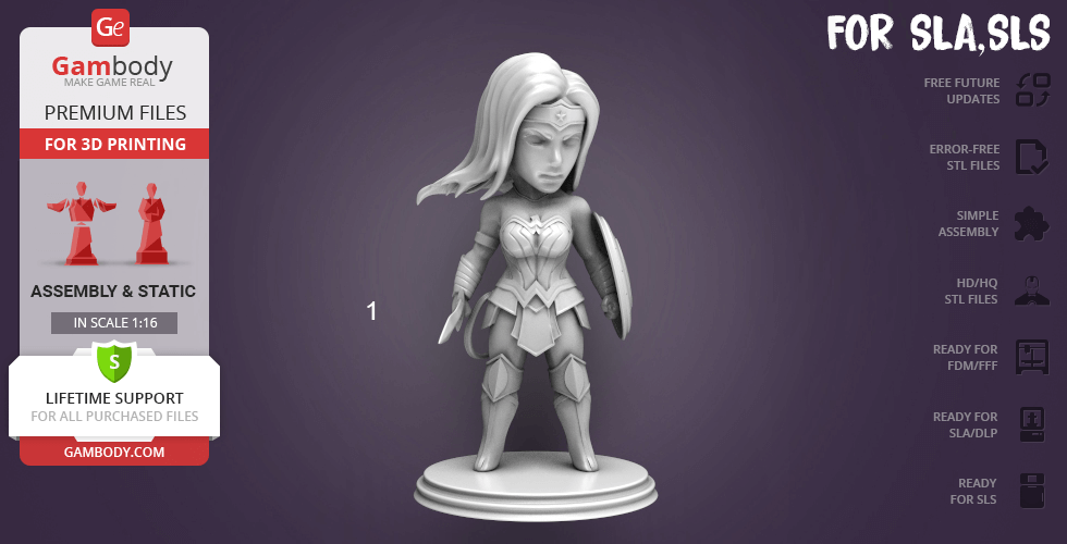 Chibi-style Wonder Woman 3D model on a round base, designed for 3D printing.
