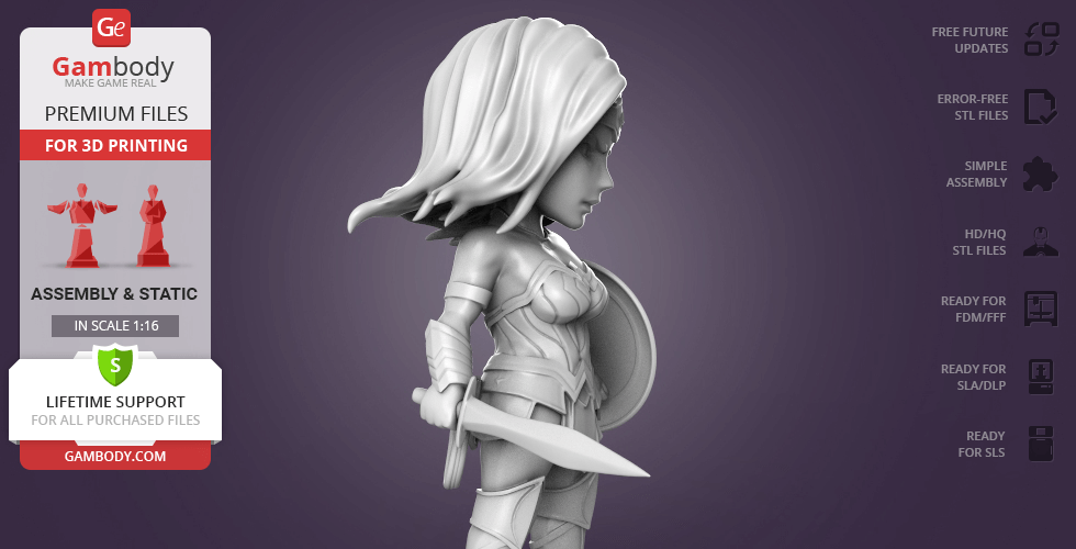 Chibi-style Wonder Woman 3D model, detailed armor, holding a sword, side view.