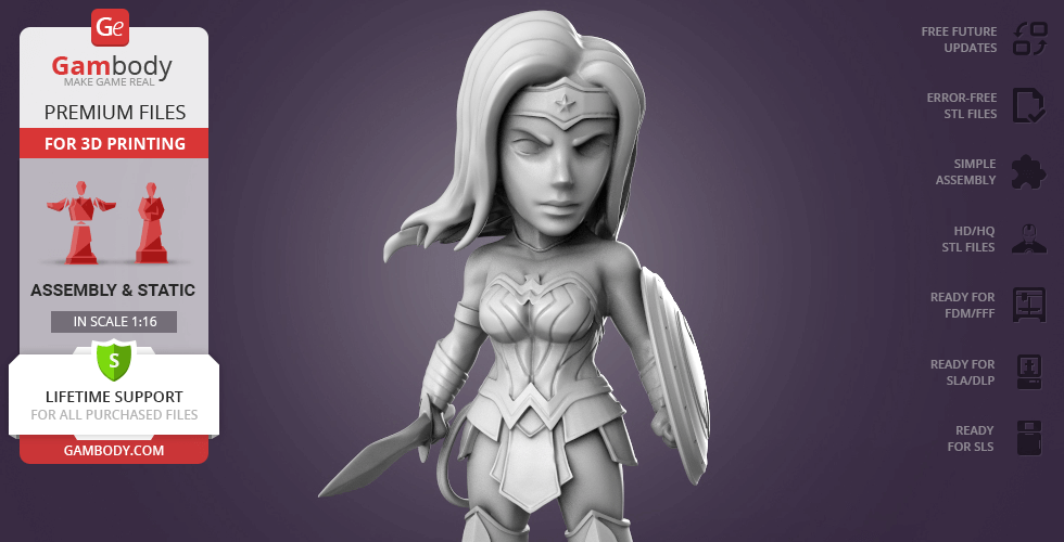 Chibi-style Wonder Woman 3D model with shield and armor, designed for printing, shown on a purple background.