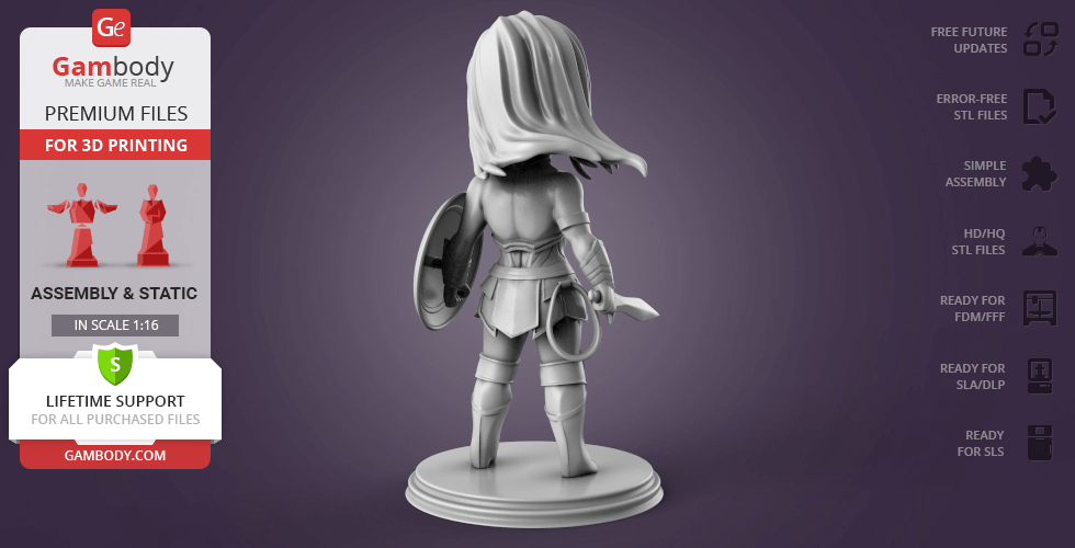 Chibi-style Wonder Woman 3D model, shown from the back, with shield and sword, on a round base.