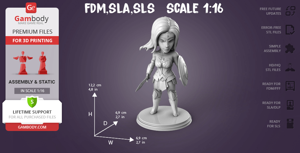 Chibi-style Wonder Woman figurine, standing on a base, ready for 3D printing.
