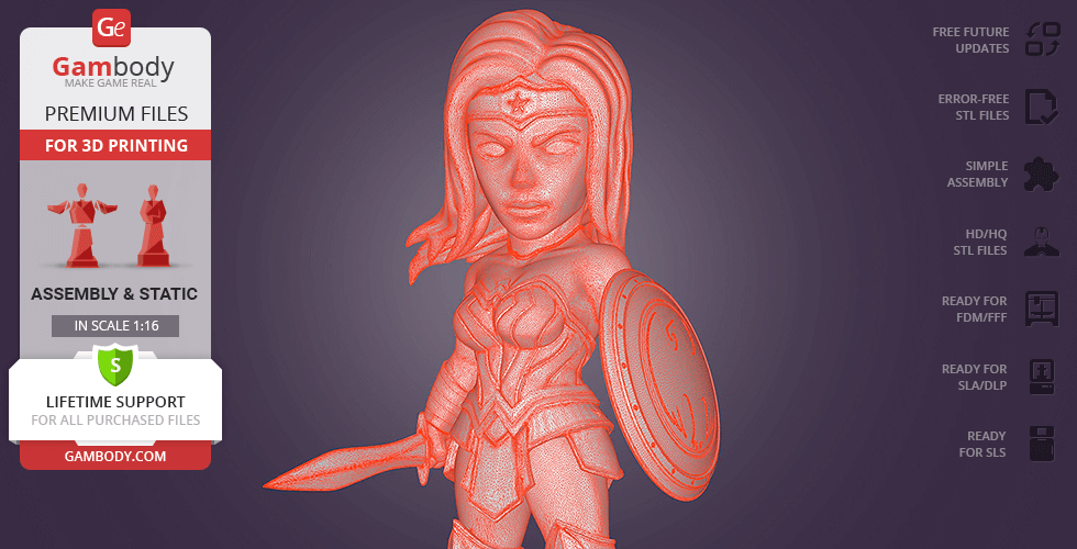 Chibi-style Wonder Woman 3D model holding a sword and shield, designed for printing.