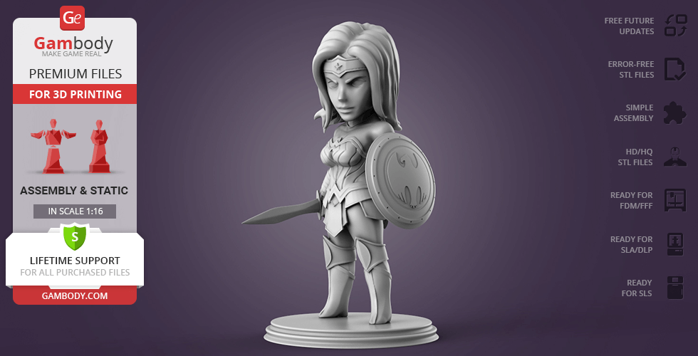 Chibi-style Wonder Woman 3D model with shield on a display stand, designed for 3D printing.