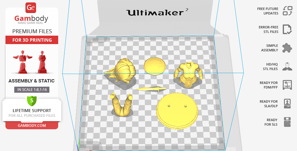 Chibi Wonder Woman 3D print parts: body, head, base, sword, and shield displayed on grid background.