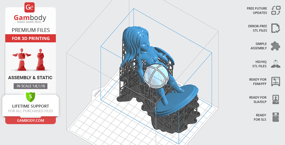 Chibi Wonder Woman 3D model with supports, ready for printing, shown in slicing software.