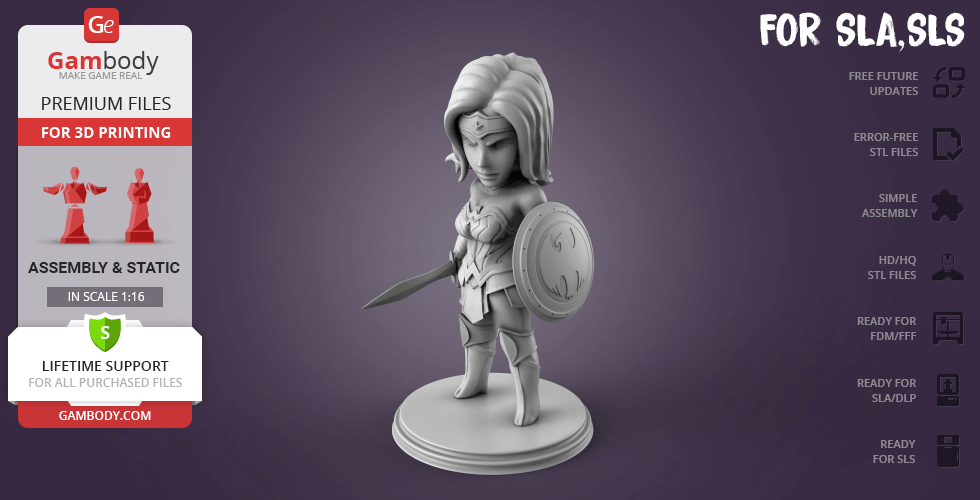 Chibi-style Wonder Woman 3D model holding a sword and shield, standing on a circular base.