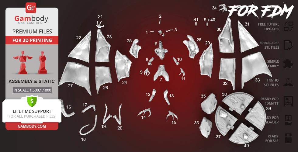 3D model parts of Bahamut from Final Fantasy, labeled for assembly, displayed on a red background.