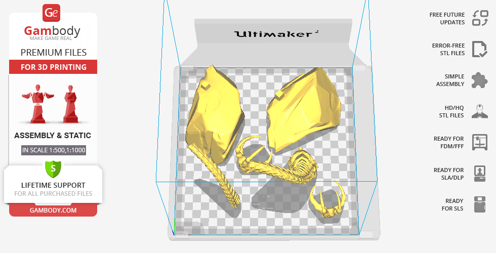 Model pieces of Bahamut from Final Fantasy, displayed for 3D printing preparation.