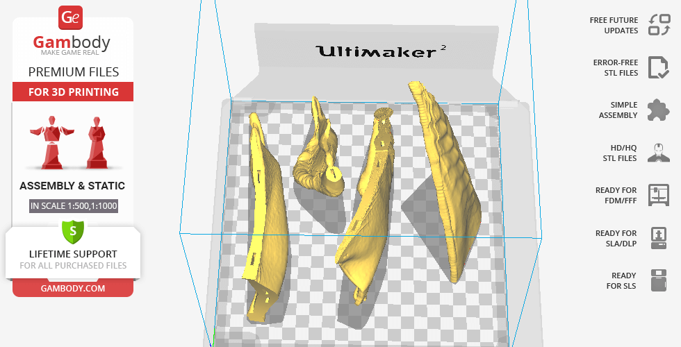 Four yellow 3D model parts of Bahamut from Final Fantasy, displayed in Ultimaker 2 3D printer software.