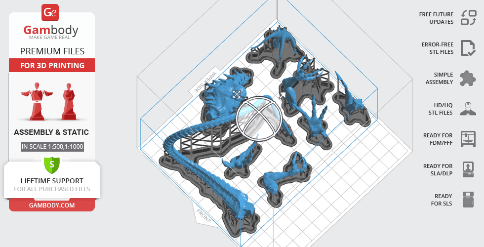 3D printing layout of Bahamut from Final Fantasy, featuring segmented parts for assembly.