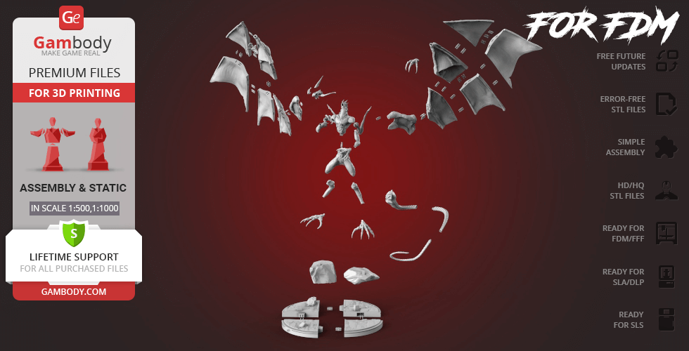 3D printable model pieces of Bahamut from Final Fantasy displayed on a red background.
