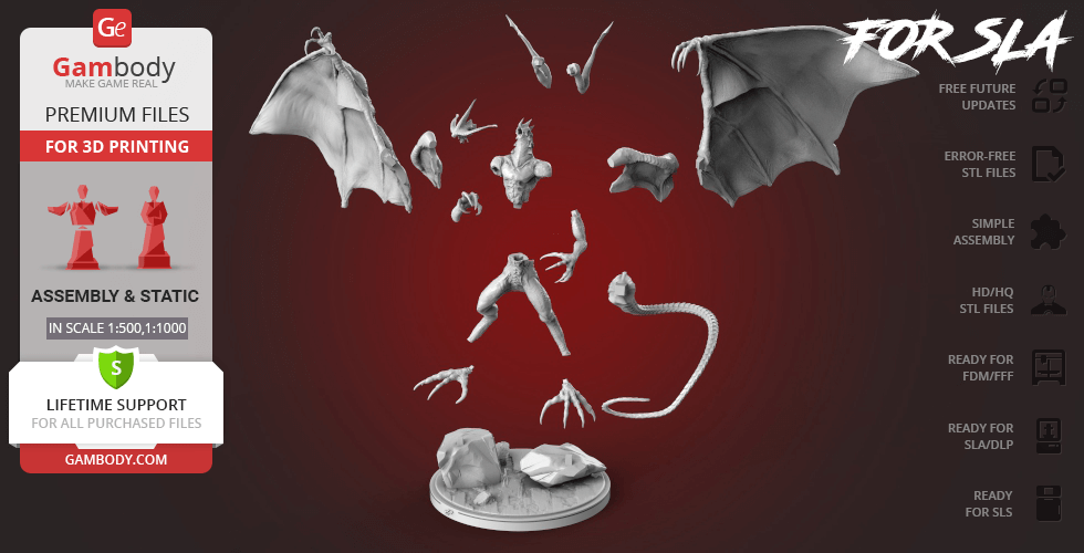 Disassembled 3D model of Bahamut from Final Fantasy, showing separate wings, body, and base for printing.