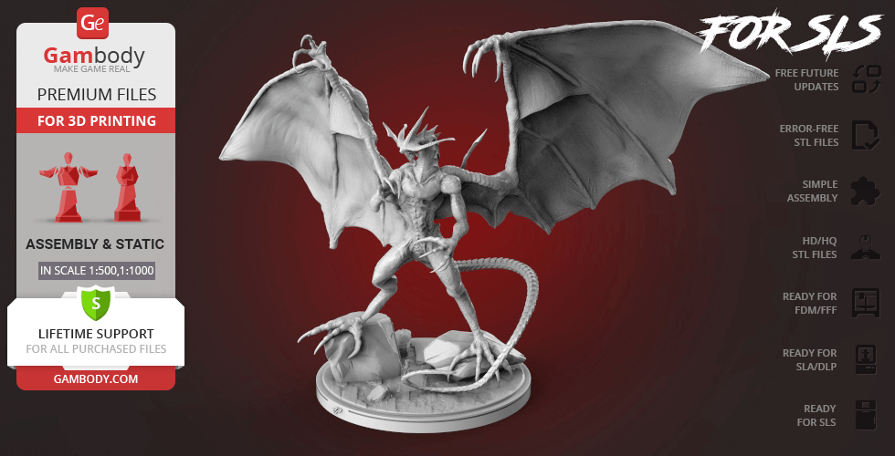 A detailed 3D model of Bahamut from Final Fantasy, with large wings and a dynamic pose on a base.