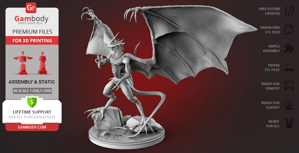 A detailed 3D model of Bahamut with large wings, standing on a rocky base, ready for 3D printing.